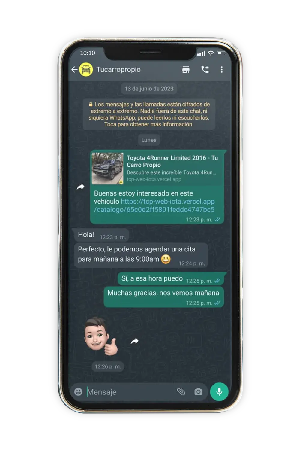 Captura de pantalla de iPhone mostrando una conversación de WhatsApp para recibir asesoría personalizada